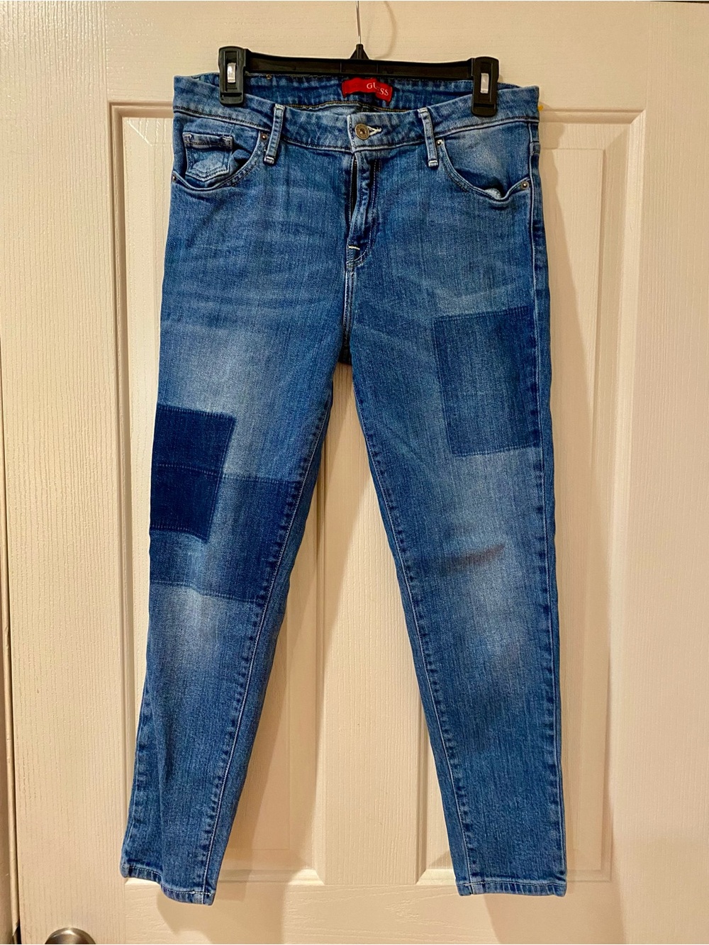 Guess Blue Patchwork Skinny Jeans  Metallic Silver Guess Tag Back Pocket.